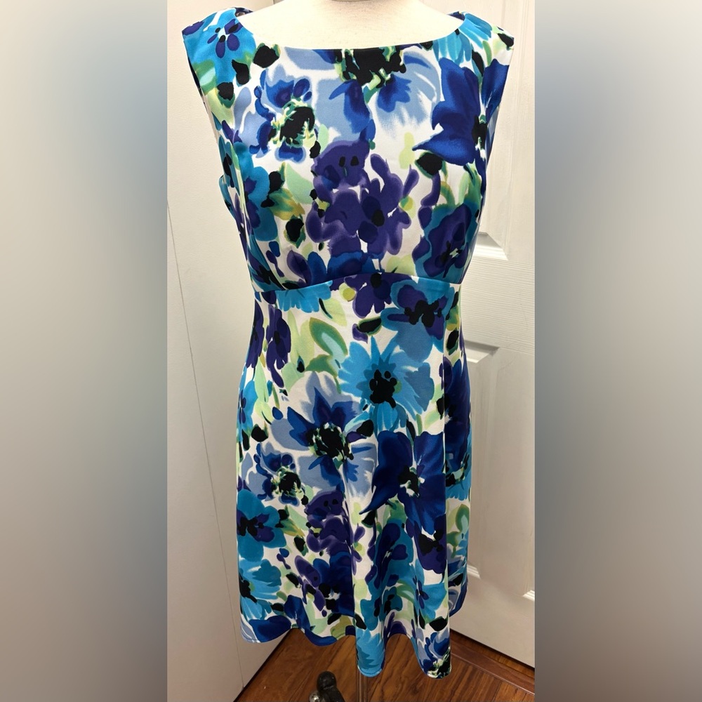 Connected Apparel Blue and White Sleeveless A-Line Midi Dress